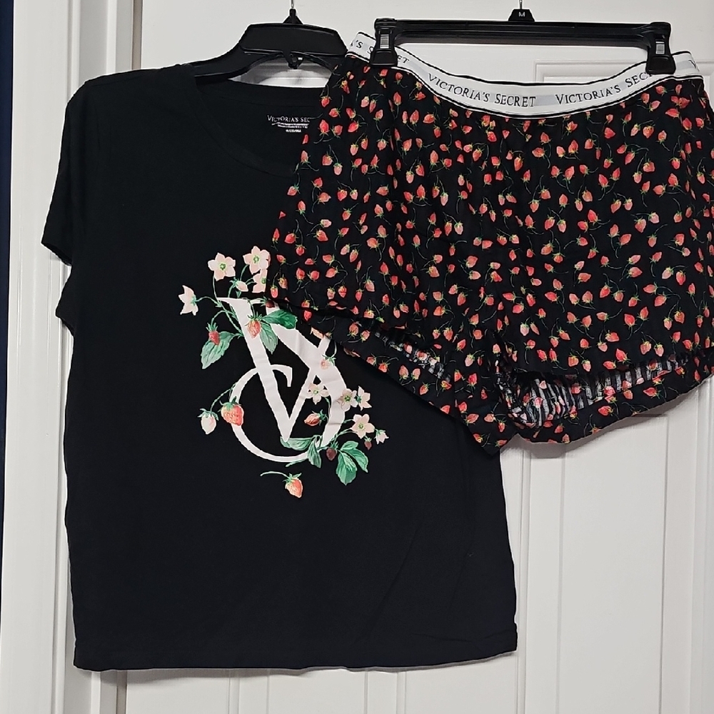 Victoria's Secret Black and Pink Strawberry Lounge Set